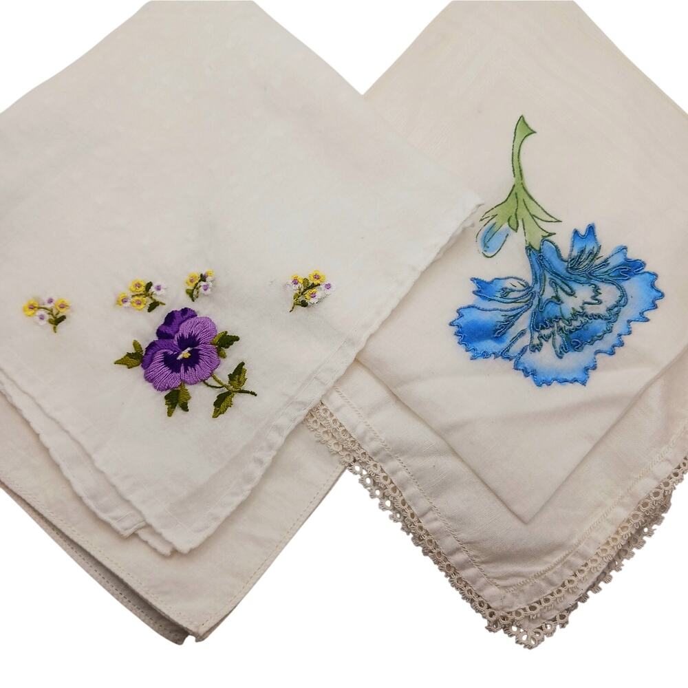 Lot 4 antique floral linens hankies purple hand embroidered violets placemats
